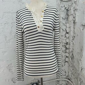 Ruffle-collar long-sleeve shirt in striped vintage rib